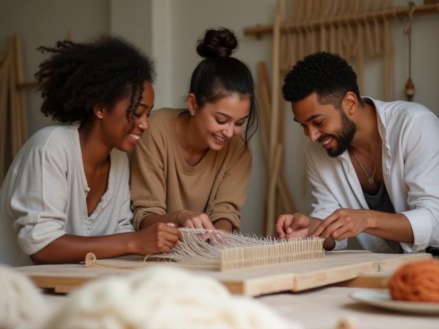 Un groupe de participants échangeant et riant pendant un atelier de tissage, dans une ambiance conviviale.