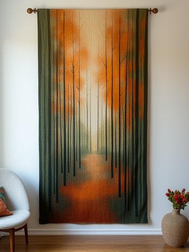 Tapisserie abstraite représentant une forêt stylisée aux couleurs automnales